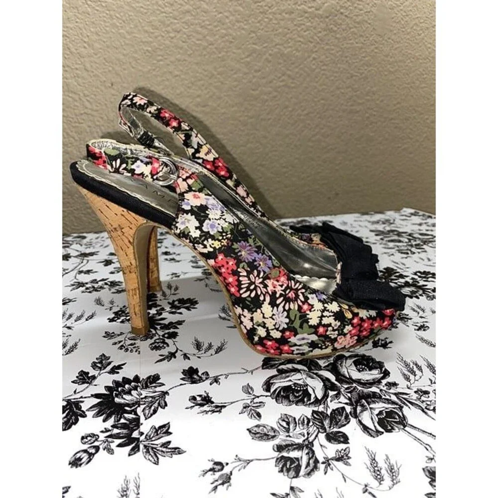 * Rampage 7.5M Floral Slingback Heels with Black Bow open toe